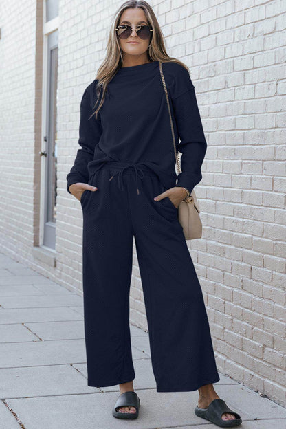 Double Take Full Size Textured Long Sleeve Top and Drawstring Pants Set for Women