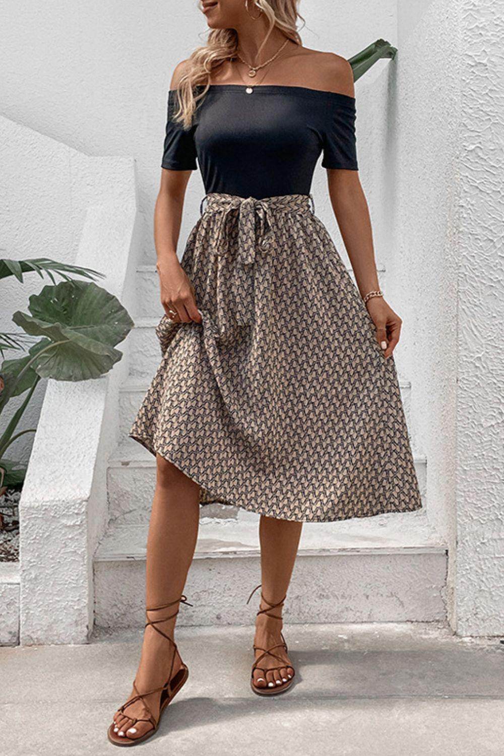 Perfee Printed Tie Belt Off-Shoulder Dress for Women