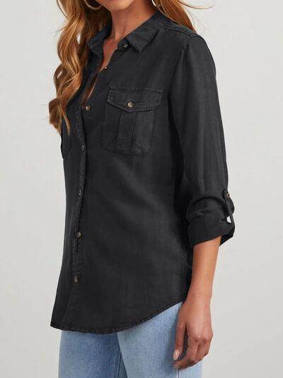 Collared Neck Roll-Tab Sleeve Denim Top for Women