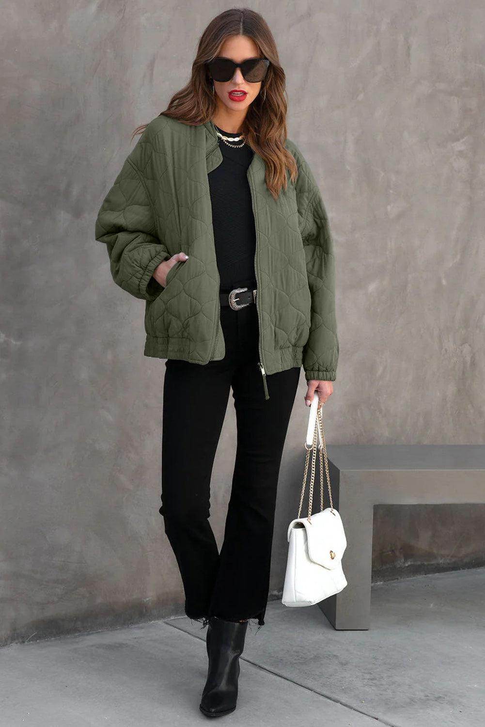 Zip Up Drop Shoulder Long Sleeve Puffer Jacket for Women