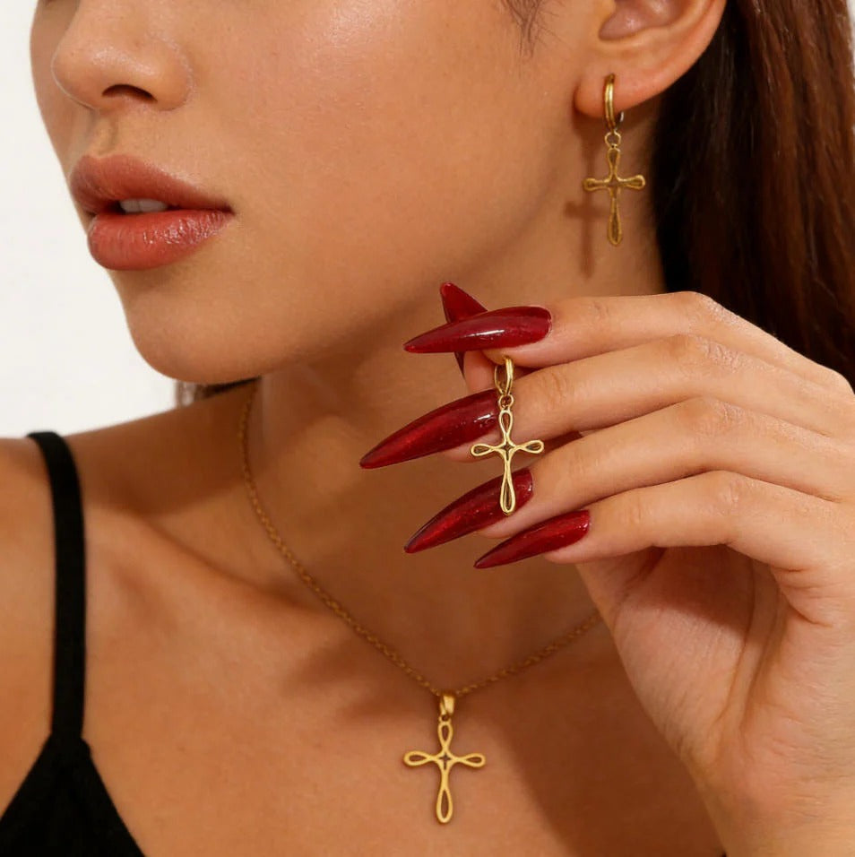 Cross Pendant Stainless Steel Clavicle Chain &amp; Earrings Set Simple Daily Jewelry