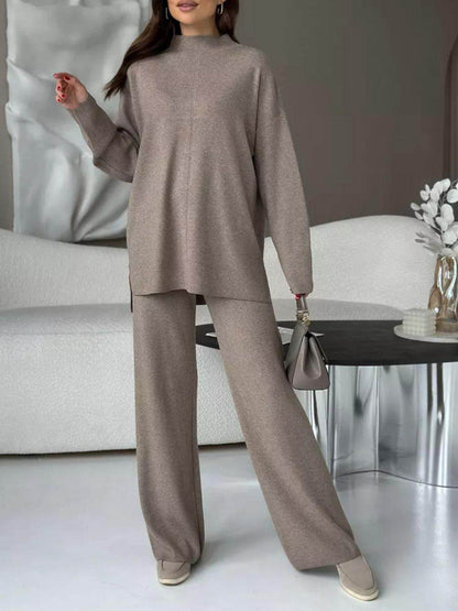 Slit Mock Neck Top and Pants Sweater Set for Women