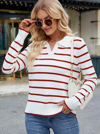 Striped Johnny Collar Long Sleeve Sweater for Women