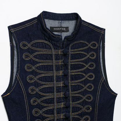 Denim Vest With Knot-detail Topstitching