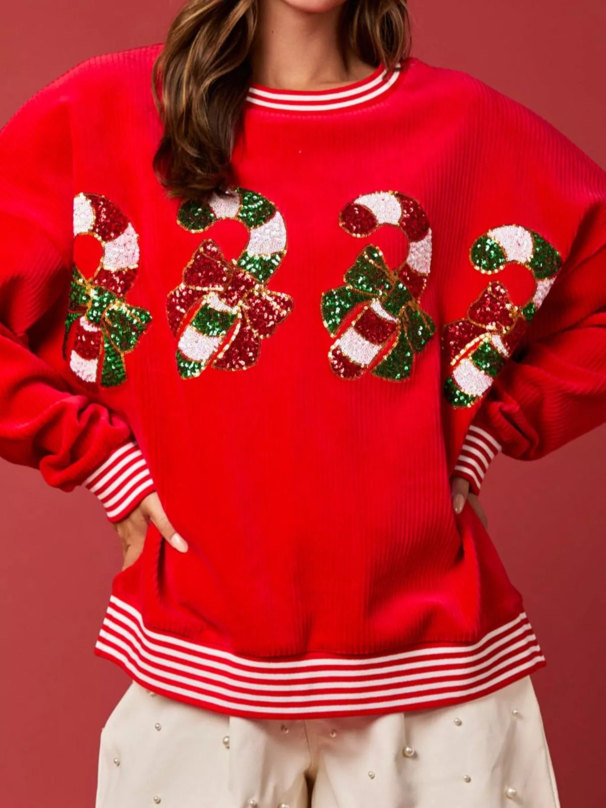 Christmas Sequin Candy Cane and Santa Sweatshirt with Striped Hem