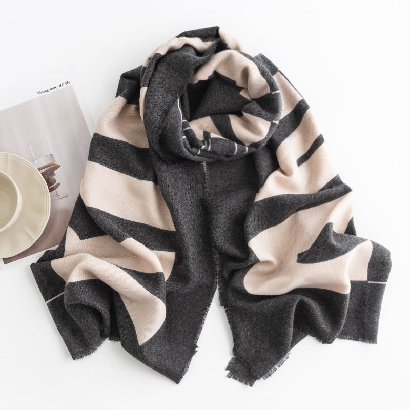 Herringbone Pattern Monochrome Artificial Cashmere Scarf Women&