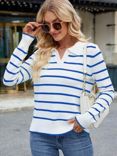 Striped Johnny Collar Long Sleeve Sweater for Women