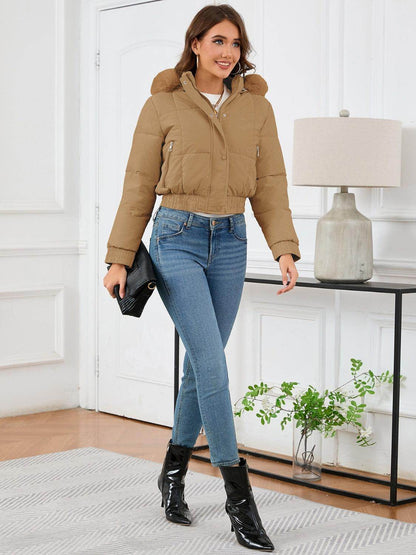 Pocketed Long Sleeve Cropped Hooded Winter Coat for Women
