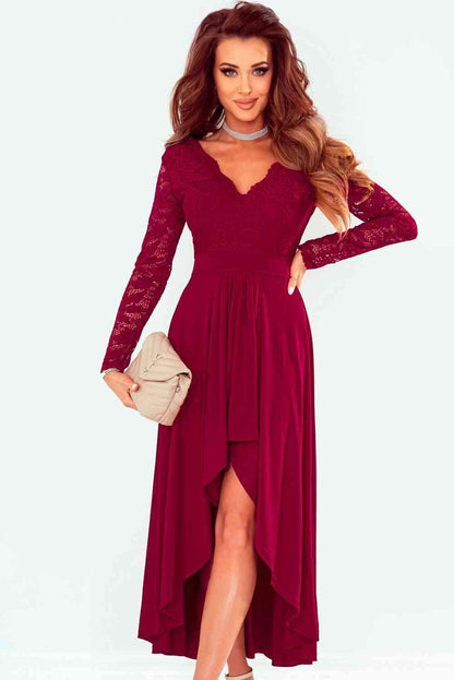 Lace High-Low V-Neck Dress for Elegant Evening Wear
