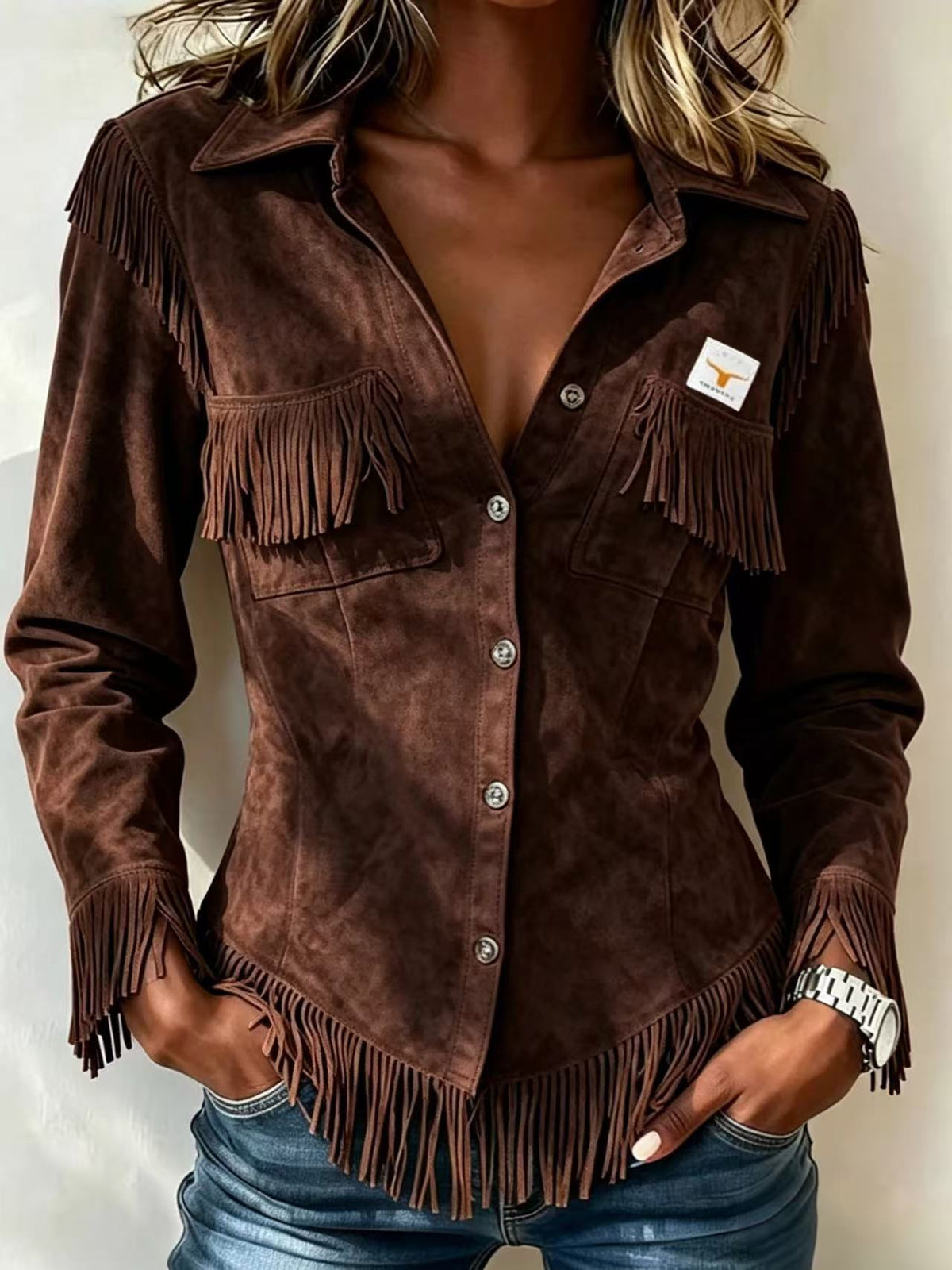 Autumn New Brown European And American Style Suede Tassel Long Sleeve Cardigan Women&