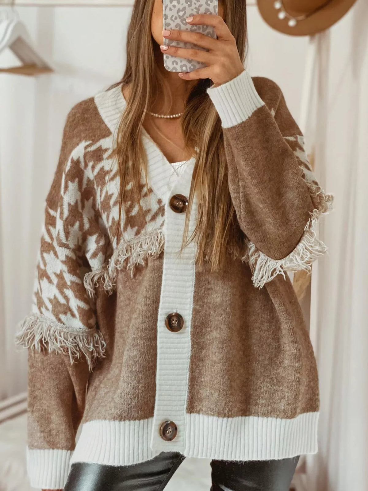 Fringe Trim Button-Up Cardigan