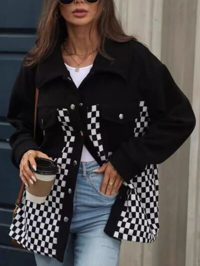 Black Checkered Snap Down Long Sleeve Jacket Stylish &amp; Functional Buttoned Outerwear