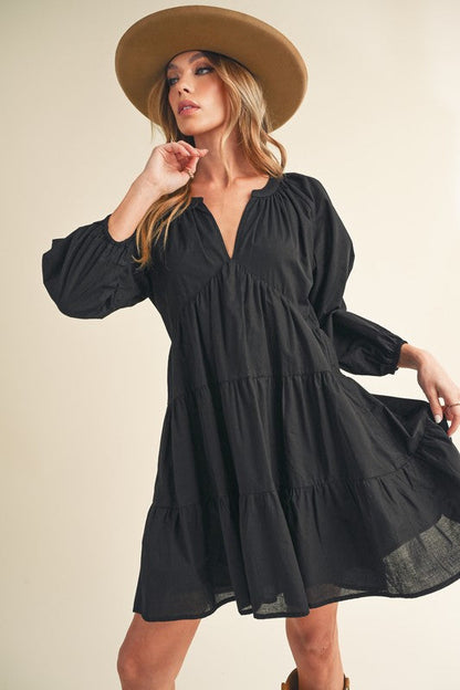 New Summer Notched Balloon Sleeve Tiered Mini Dress For Women – Trendy, Chic, and Playful with Stylish Detailing