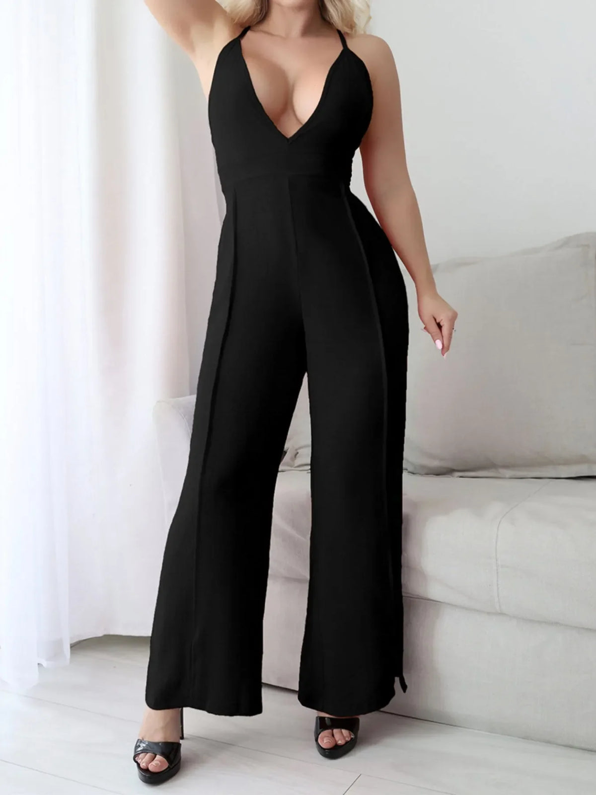 Crisscross Back V-Neck Wide Leg Jumpsuit
