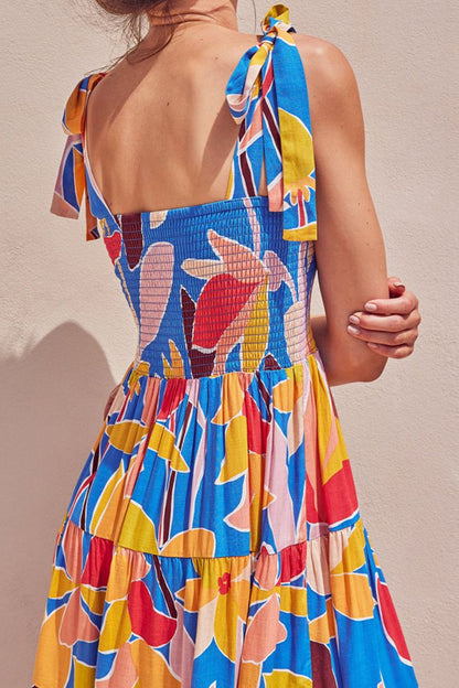 Multicolored Floral Tie-Shoulder Smocked Maxi Dress Elegant &amp; Flowy Summer Style Dress
