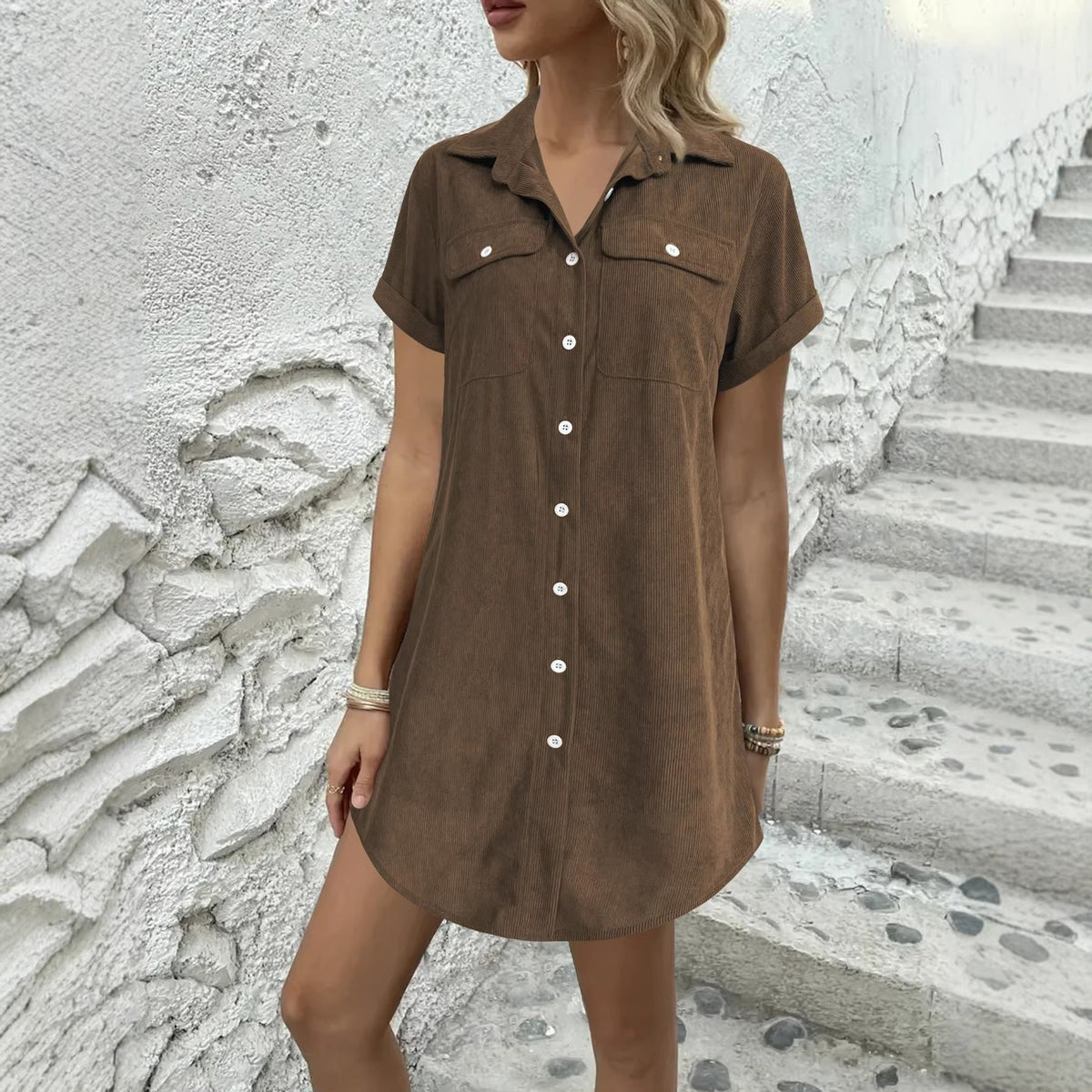 Independent Site Cross-Border Foreign Trade Retro Casual Corduroy Shirt Dress Loose Slimming Short-Sleeve Turn-Down Collar Dress Women&