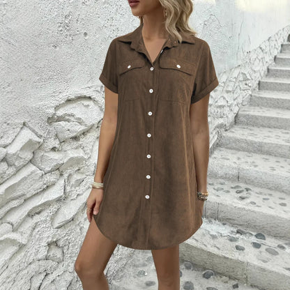 Independent Site Cross-Border Foreign Trade Retro Casual Corduroy Shirt Dress Loose Slimming Short-Sleeve Turn-Down Collar Dress Women&