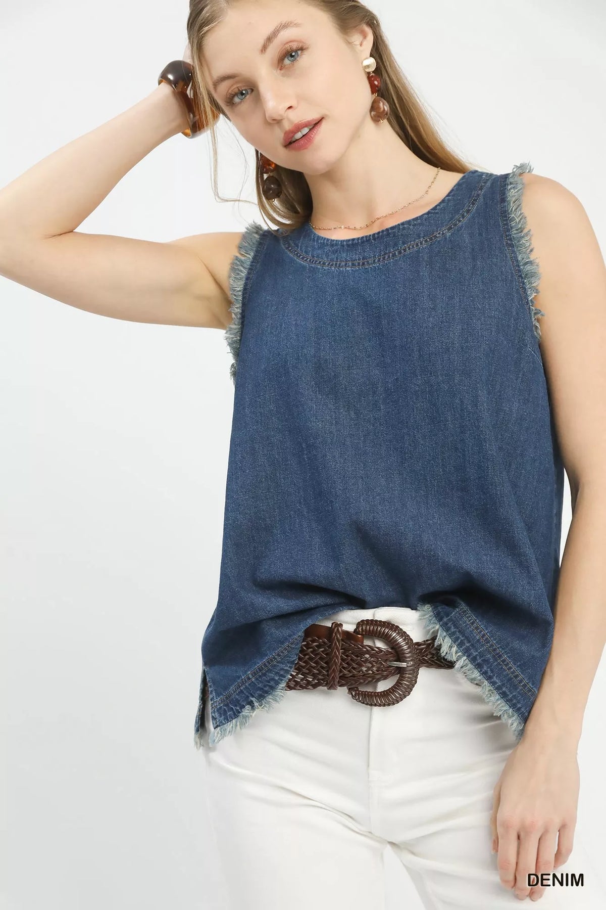 Umgee Sleeveless Fringe Hem Denim Top