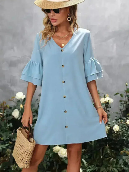 V-Neck Mini Dress – Ruffled Detail &amp; Decorative Buttons