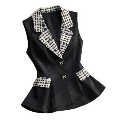 Black-and-white Houndstooth Contrast-color Lapel Blazer Vest