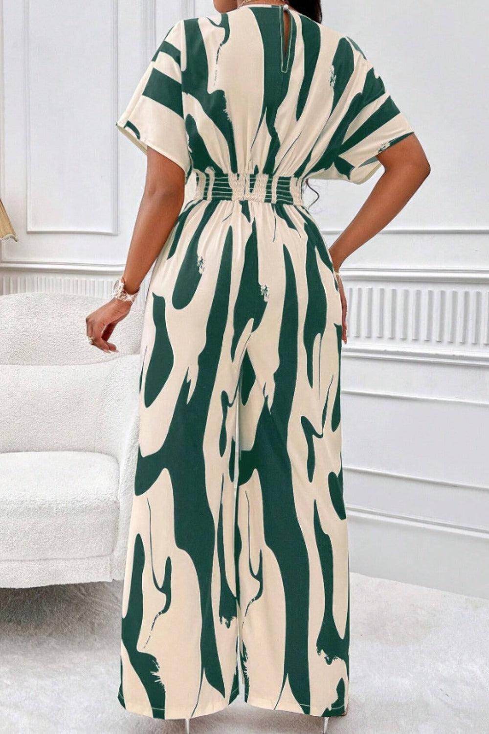 Printed V-Neck Short Sleeve Wide Leg Jumpsuit for Women