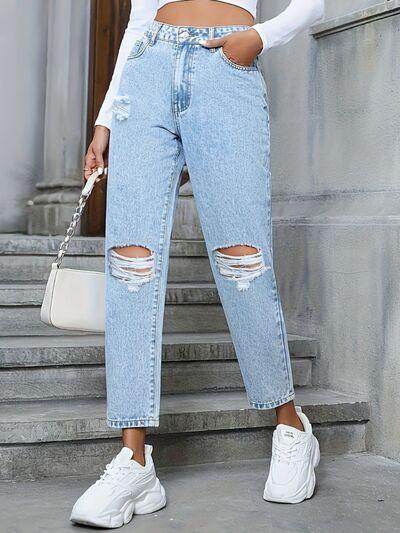 Distressed High Rise Jeans with Pockets for Women