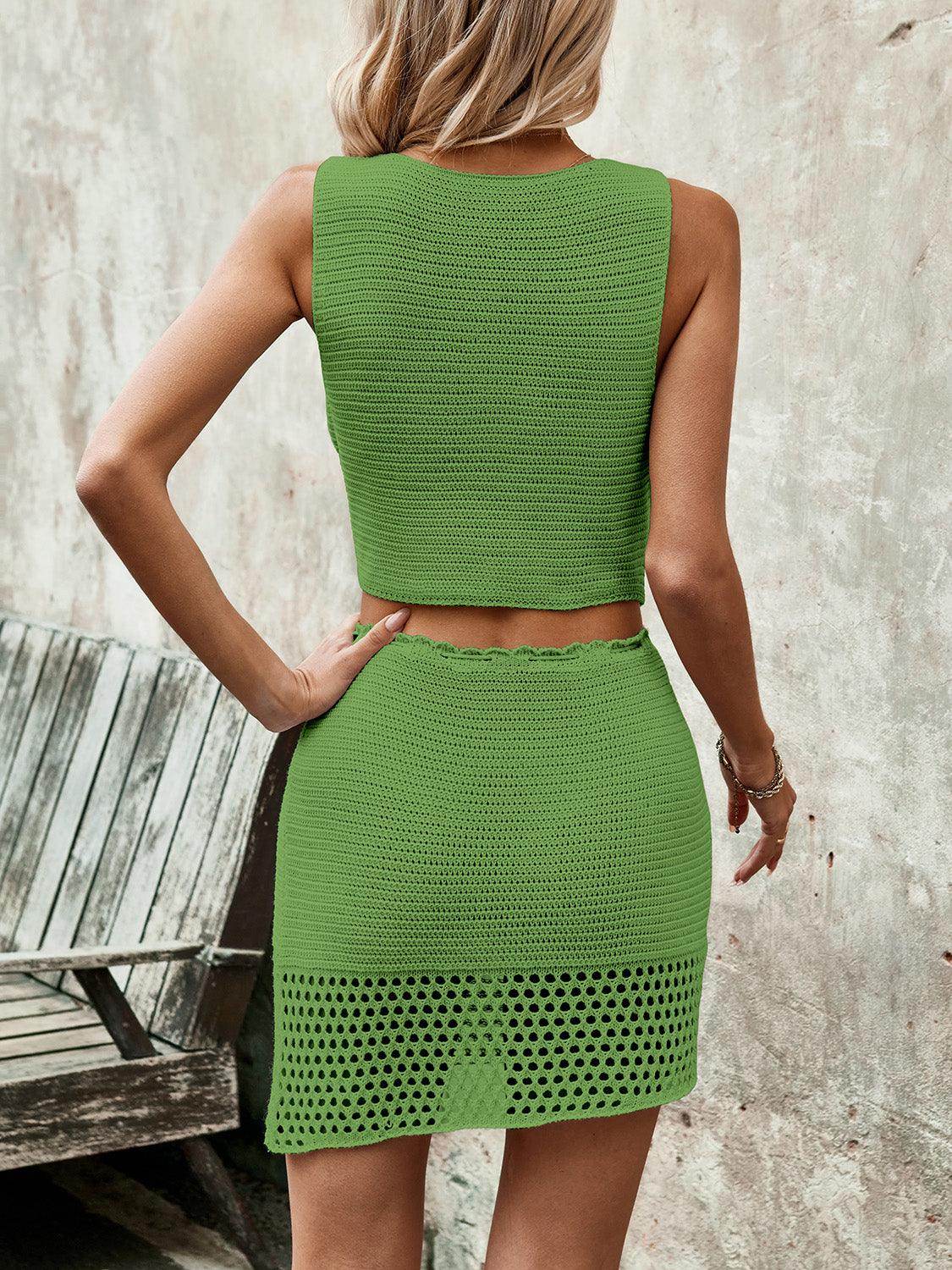 Button Up Sleeveless Top and Drawstring Skirt Set for Women