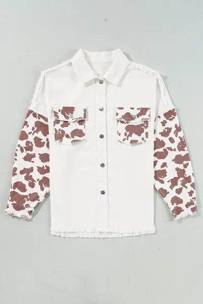 Raw Hem Animal Print Long Sleeve Denim Jacket for Women