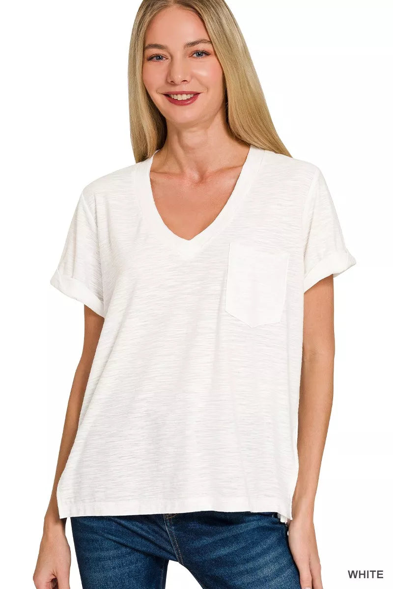 Zenana Slub Rolled Short Sleeve V-Neck Tee