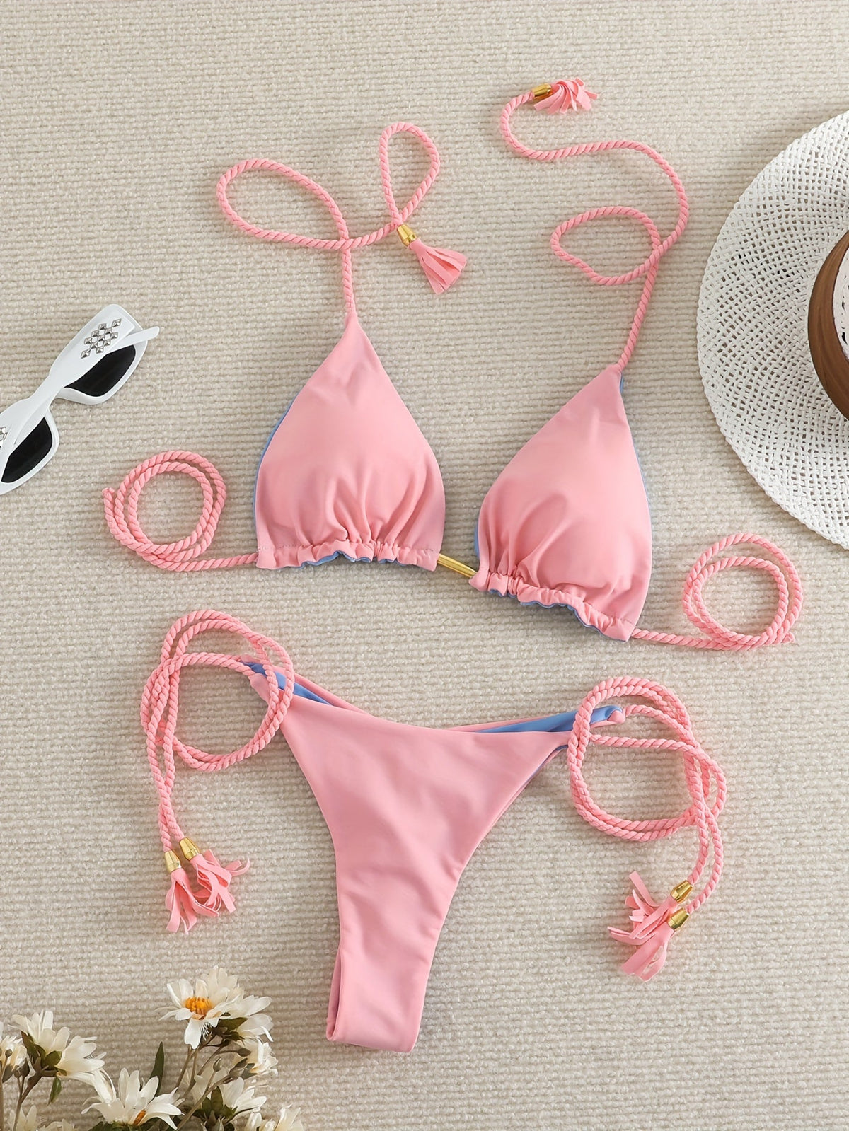 New Festival Flame Halter Bikini Set for Women – Triangle V-Neck Backless Two-Piece Swimsuit with Tie Side Bottoms &amp; Adjustable Lace-Up Fit – Sleek Polyamide Swimwear for Koningsdag/King’s Day &amp; Summer Beach Celebrations