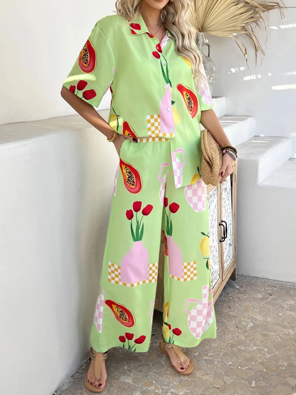 Devine Printed Collared Neck Half Sleeve Top and Pants Set