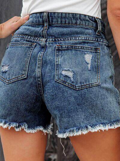 Distressed Fringe Denim Shorts with Pockets for Women