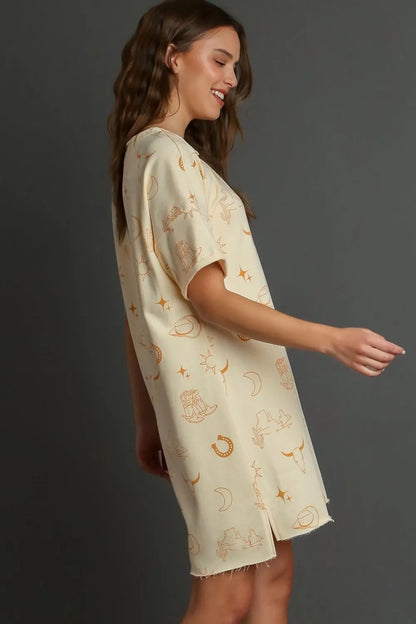 Umgee Full Size French Terry Short Sleeve Round Neck Dress Plus Size