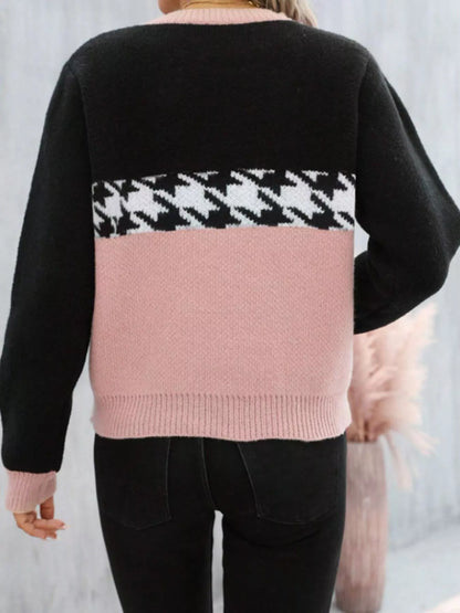 Houndstooth Pattern Color Block Sweater