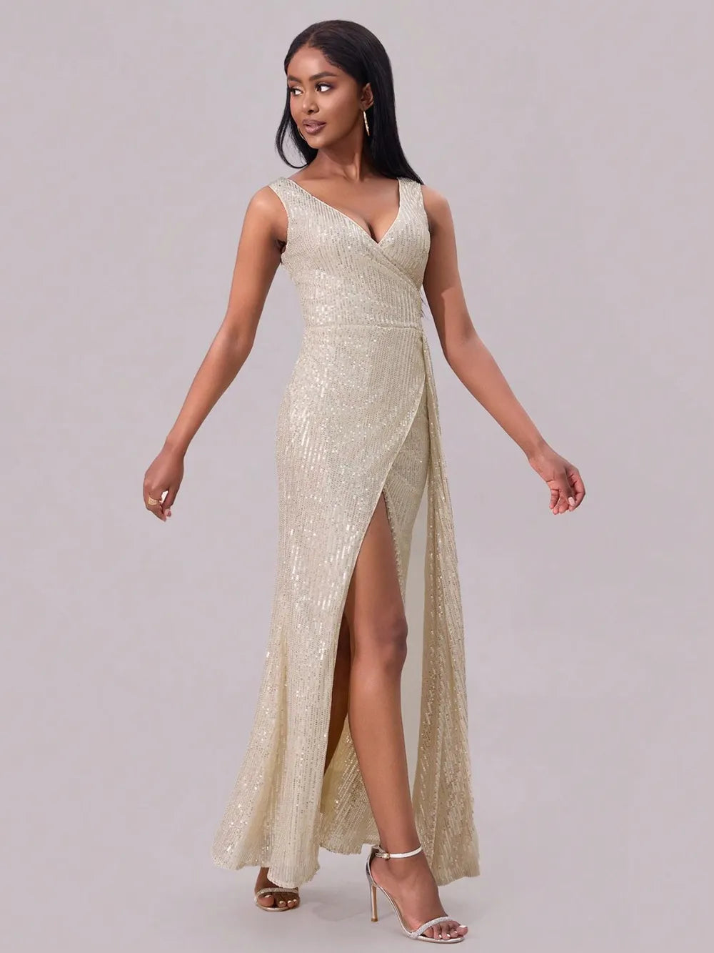 Slit Sequin Surplice Sleeveless Maxi Dress