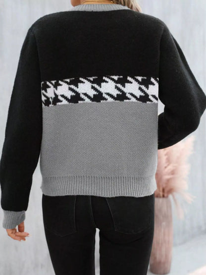 Houndstooth Pattern Color Block Sweater