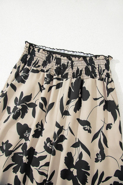 Blue Floral Smocked Frill Waist Wide Leg Pants