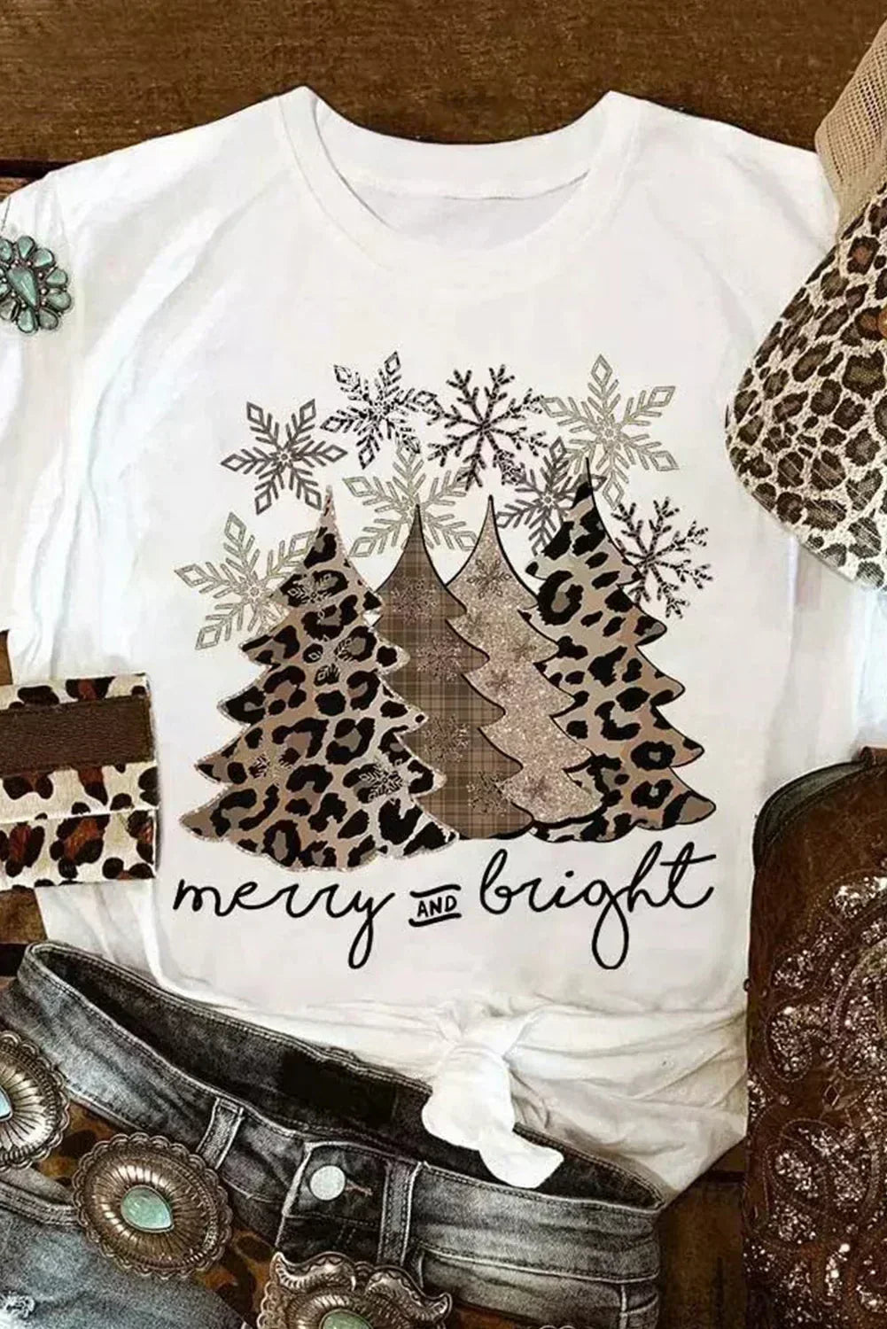 White Leopard Christmas Tree Graphic Tee – Festive &amp; Fierce Crewneck