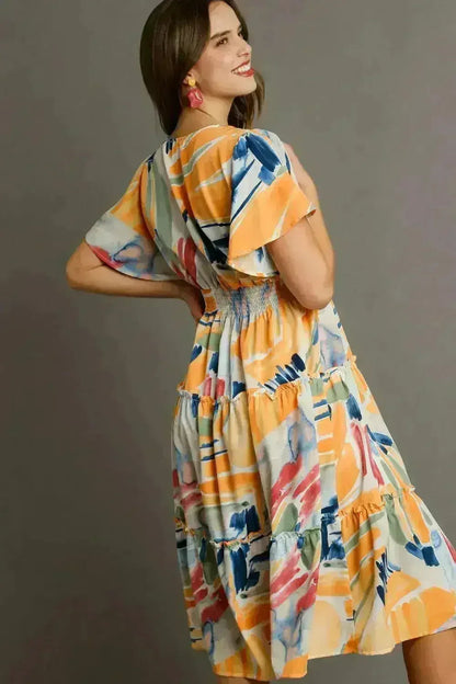 Umgee Abstract Print Midi Dress – Flutter Sleeves &amp; Tiered Frill Detail