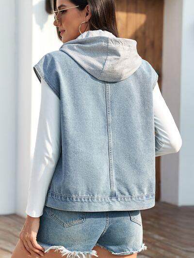 Drawstring Button Up Sleeveless Denim Jacket for Women