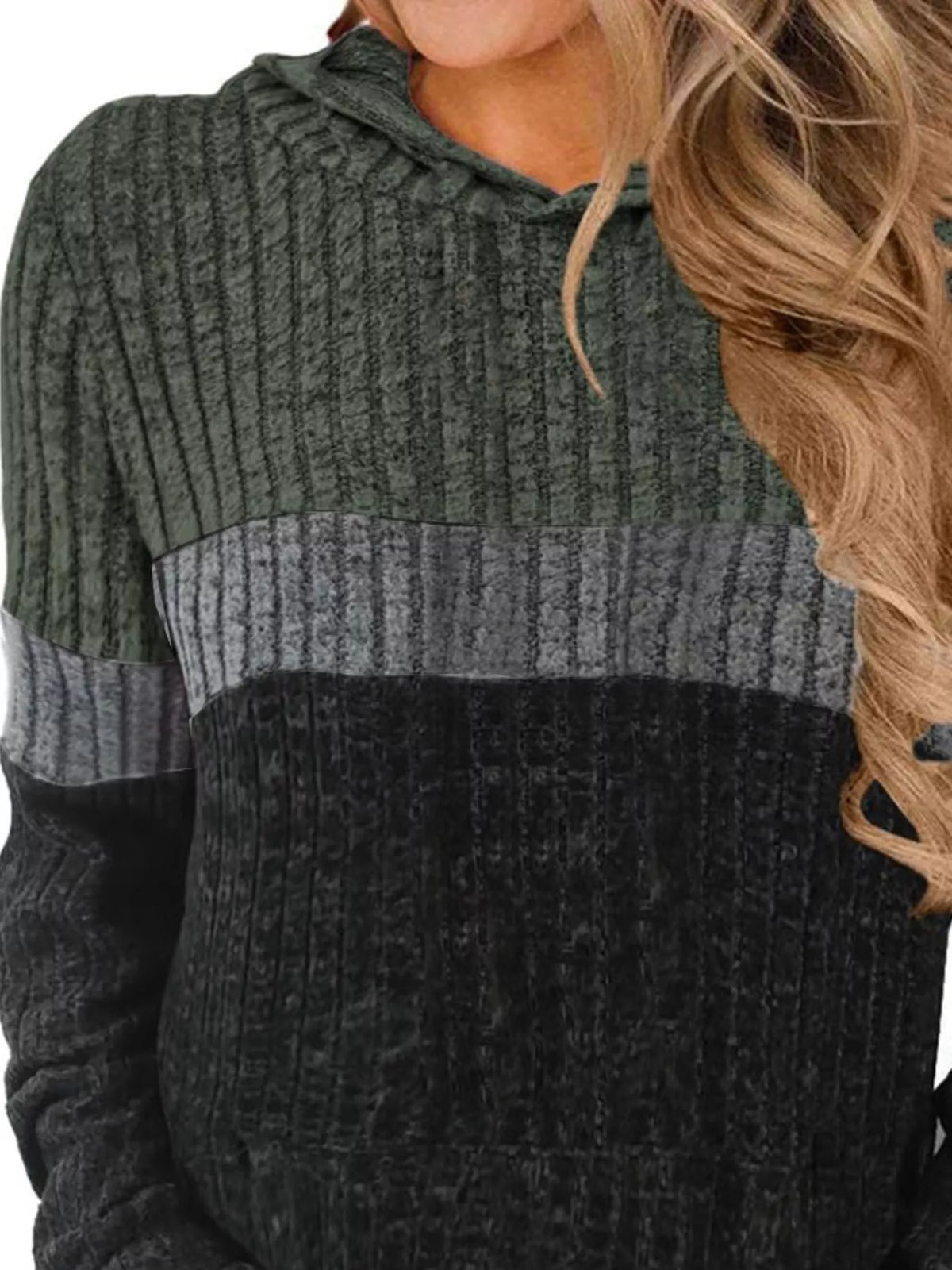 Full Size Color Block Ribbed Knit Hoodie Plus Size