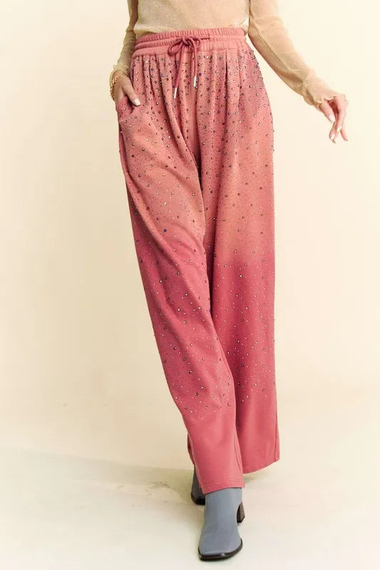 Davi &amp; Dani Rhinestone Drawstring Wide Leg Pants