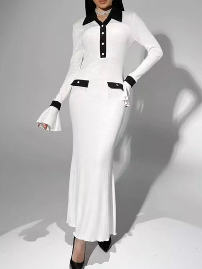 Contrast Collar Long Sleeve Maxi Sweater Dress