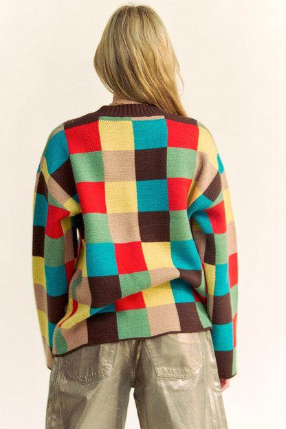 Davi &amp; Dani Color Block Checkered Dropped Shoulder Sweater