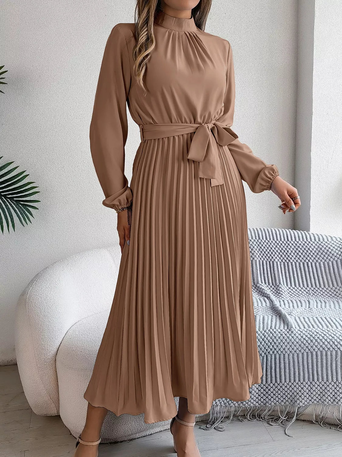 Mock Neck Pleated Midi Dress