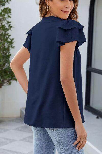 Ruffled Notched Short Sleeve Blouse for Women Stylish Wear