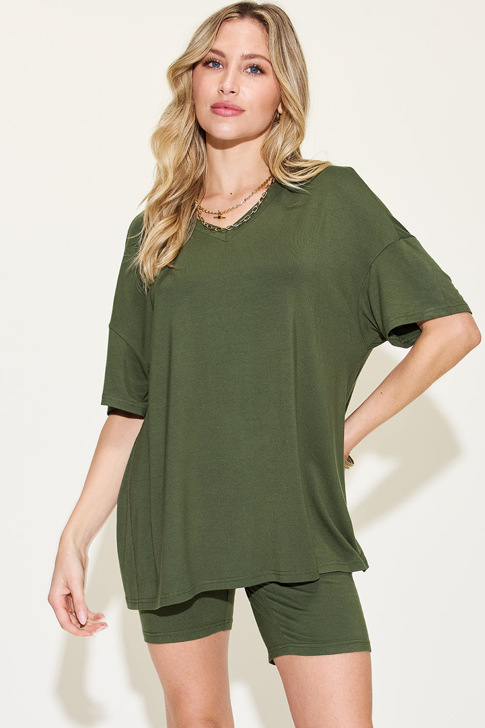 Relaxed Fit Rayon V-Neck Tee &amp; Shorts Set