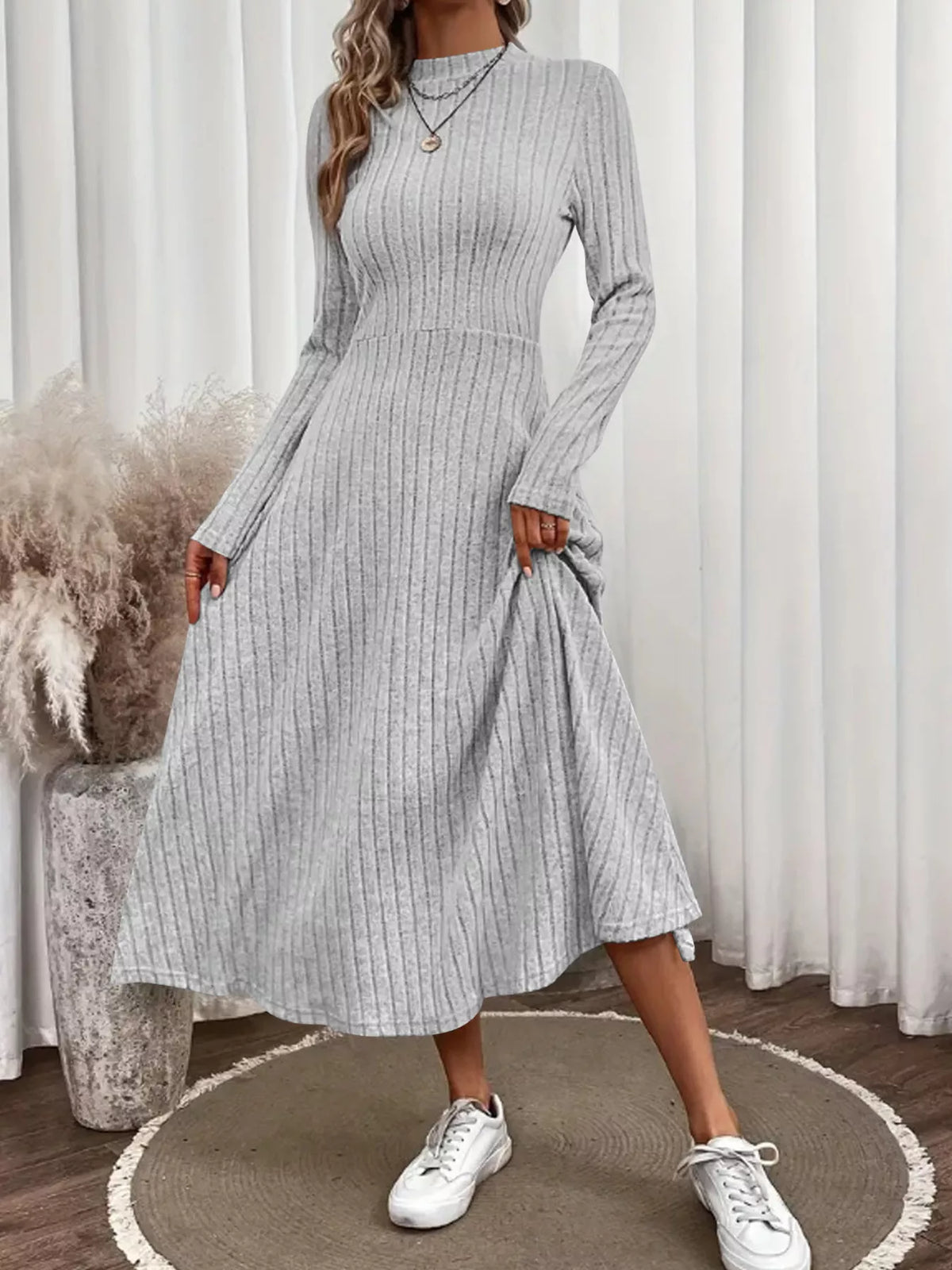 Ribbed Knit A-Line Midi Dress