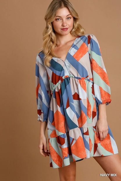 Umgee Abstract V-Neck Tiered Printed Dress