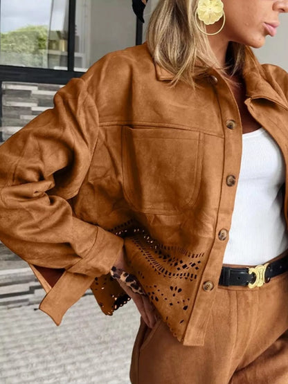Solid Color Faux Suede Hollowed Detail Retro Style Jacket